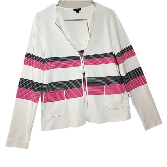 Talbots Ivory Knit Jacket Pink Black Band Stripes Petite L - Picture 1 of 7